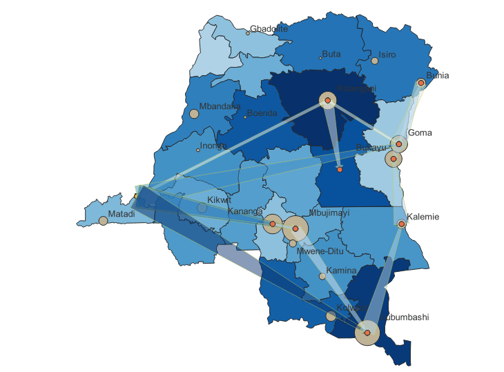Carte thématique de la RDC : Etendue de province, Taille de la population par province, Traffic aérien (CAA) 