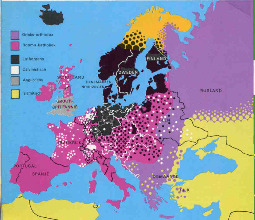 Répartition des religions en Europe aux alentours de 1550. (Geschiedenisatlasmavo havo vwo, Meulenhoff 1979).   