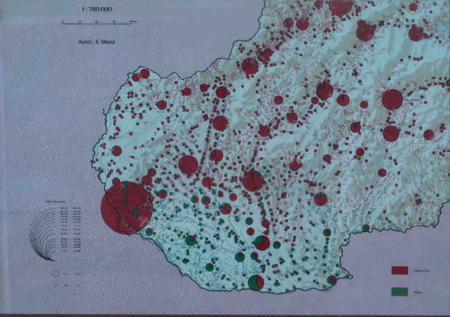 Répartition de la population en Slovaquie. Le rouge représente les citoyens de langue slovaque, le vert les citoyens de langue hongroise. Atlas national de Slovaquie, 1980